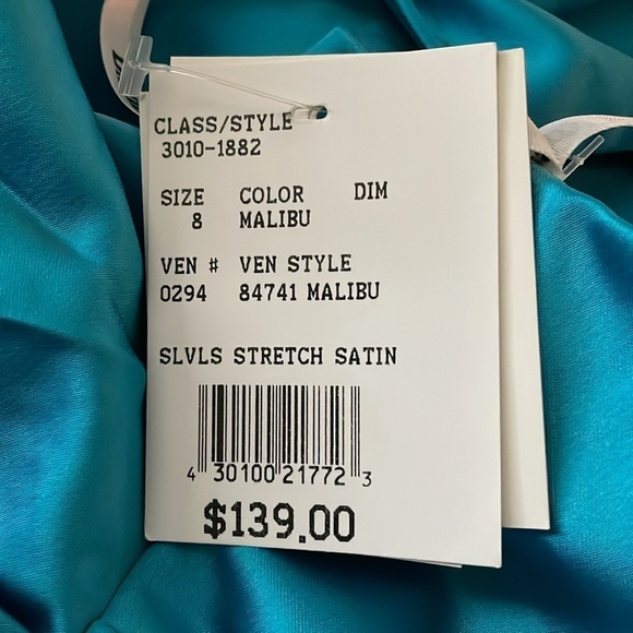 David’s Bridal Malibu Blue Satin Ruched Draped Neck Dress Size 8 - Picture 9 of 11